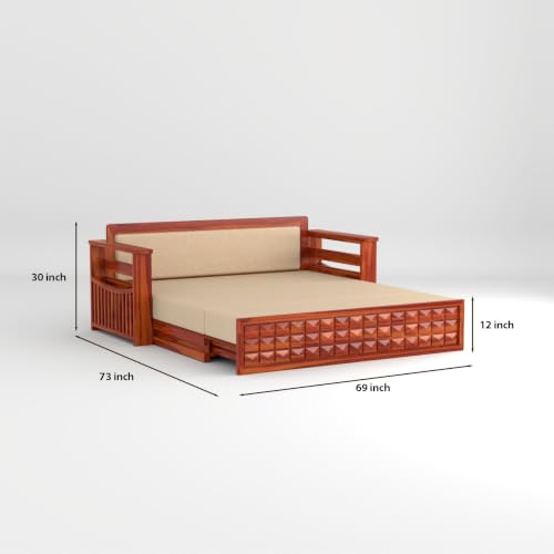 Image of Solid Sheesham Wood Sofa Cums Bed with Mattress & Storage | Rosewood Convertible Sofa Bed for Living Room & Bedroom (D-Honey, 3 Seater)
