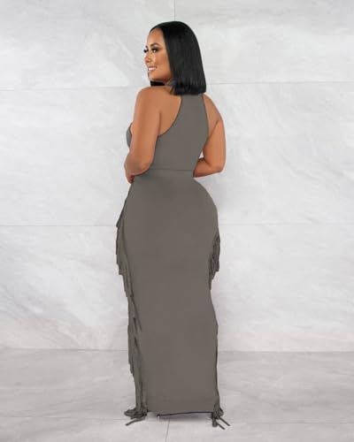 Image of 2 Piece Outfits for Women Sexy Halter Neck Sleeveless Crop Tops Ruched Bodycon Dresses Jumpsuits Fringe Skirt Sets