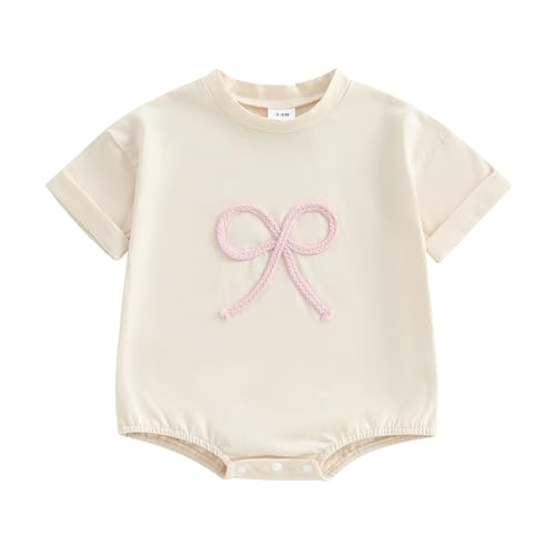 KtwHarnu Newborn Infant Baby Girl Summer Clothes Bow Embroidery Short Sleeve Romper Bubble Bodysuit Jumpsuit One Piece Outfit (B-Beige, 12-18 Months)