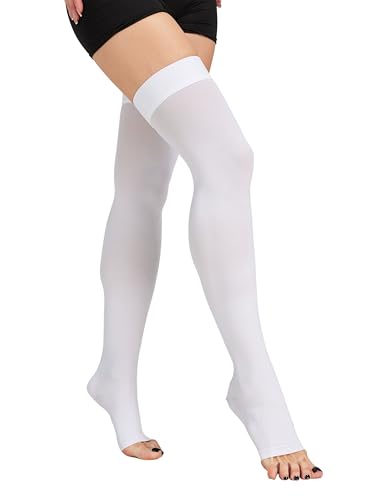 Image of TOFLY Thigh High Medical Open Toe Compression Stockings for Women & Men, 15-20 mmHg Pregnancy Support Hose Socks for DVT,Varicose Veins,Relief Shin Splints,Edema,Swelling, White, X-Large