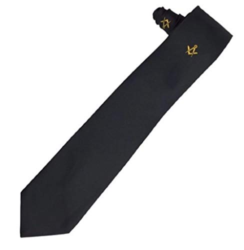 Corbata de seda negra para logia masónica con escudo de escuadra y compás dorado