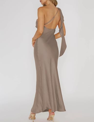Image of 2026 Satin One Shoulder Maxi Dress for Women Summer Silk Formal Elegant Backless Ruffle Sleeveless Wedding Guest Dresses