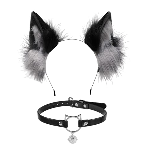 Handmade Faux Fur Cat Ear Headband and Black Bell Cosplay Hair Accessories Animal Ear Headband Costume Accessory Fluffy Foxes Ears Hairband for Halloween Cosplay Accessories (Black Grey)
