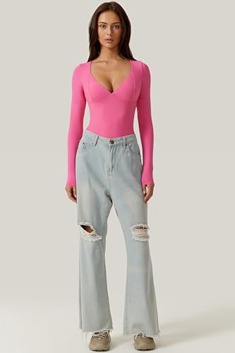 Image of QINSEN Women's Long Sleeve Bodysuit V Neck Body Suits Seamed Cup Going Out Tops Shirt
