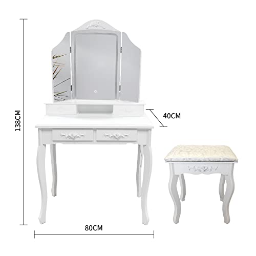 Jifuli Modern Vanity Table Set With Lighted Mirror & Power Outlet, Makeup Table With 4 Drawer, Embedded Lights Dressing Vanity Table With Cushioned Stool For Bedroom, White #TOP4