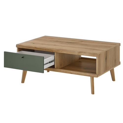 Lomadox Wohnwand Anbauwand in Eiche mit grün Modern 5-teilig, inkl. Couchtisch, Standvitrine, TV-Lowboard, Wandregal, Highboard und Beleuchtung – Bild 3