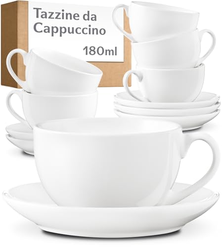 Cosumy Set Tazzine Caffè 6 Pezzi - Tazze Cappuccino Bianche con Piattini - Tazzine Caffe Particolari in Ceramica - Tazze Colazione & Tazze Caffè - Lavabili in Lavastoviglie - Scatola Regalo - 180 ml