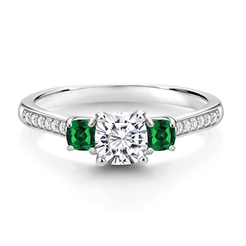 Gem Stone King 925 Sterling Silver White Moissanite and Green Nano Emerald 3 Stone Engagement Ring For Women | 1.04 Cttw | Cushion 5MM and 3MM | Available In Size 5, 6, 7, 8, 93