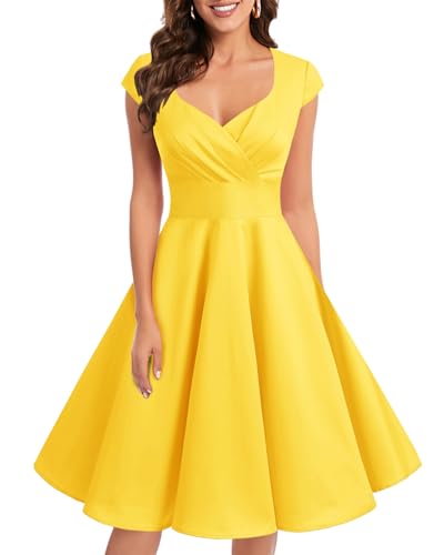 bbonlinedress 1950er Vintage Retro Cocktailkleid Rockabilly V-Ausschnitt Faltenrock Yellow M