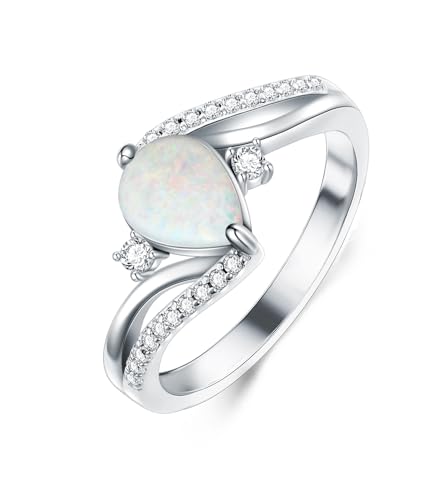 White Opal Engagement Rings for Women 925 Sterling Silver with Teardrop Synthetic Gemstones Dainty CZ Ring Jewelry for Promis Weddings