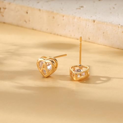 GWH Heart Initial Earrings for Women, Never Fade Heart Initial A Stud Earring 18K Gold Plated CZ Earrings Stacks Hypoallergenic Earring Piercing Gift for Women Trendy Jewelry Gifts by GWH - Used condition - Image 5