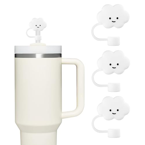 3pcs Straw Covers Cap for Stanley Cup Dust-Proof Reusable Silicone straw Tops Compatible with Stanley 30&40 oz Glasses with Handles 0.4 Inch/10 MM for Straws (White Cloud