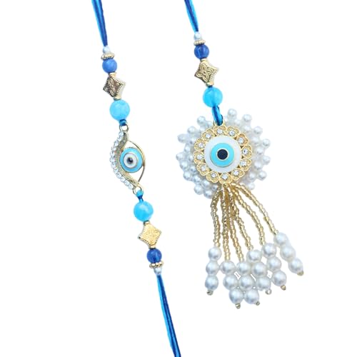 Elegant Bhaiya Bhabhi Rakhi Set with Blue Beads and Evil Eye Motif - Includes Roli and Chawal for Raksha Bandhan