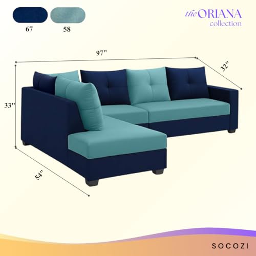 Image of SOCOZI Oriana 6 Seater LHS L Shape Sofa Set | Soft Velvet Suede Fabric | Modern Design | Plush Comfort Cushions for Living Room (Sky Blue- Dark Blue)
