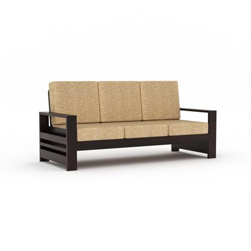 Image of Sheesham Wooden 5 Seater Sofa for Living Room | Rosewood 5 Seater Cushion Sofa with Side Rack | Solid Wood Sofa Set for Lounge (3+1+1,Walnut)