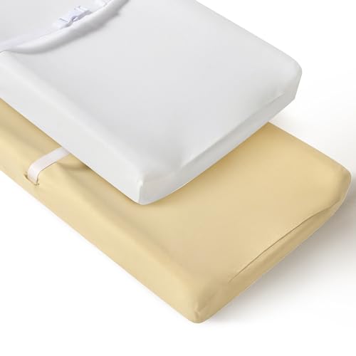 Image of QUENESS Baby Changing Pad Cover, Stretchy Cotton Comfort Diaper Changing Table Covers for Baby Girls and Boys, Ultra Soft Breathable Changing Pad Sheets, Fit 32"/34" x 16" Pad (White & Beige)