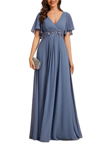 Ever-Pretty Women's Chiffon V-Neck Mother of Bride Dresses A-Line Ruched Short Sleeves Appliques Bridesmaid Dress Formal Gown Dusty Blue US20