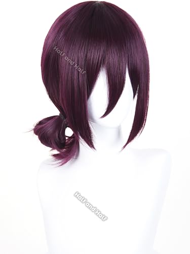 Image of Reze Cosplay Wig Short Dark Purple Anime Cosplay Wigs with Bangs & Bun | Deep Grape Purple Female Wig Synthetic Hair for Halloween Party Women Costumes