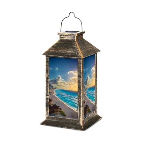 Solar Lantern Panoramic View Sunset Hotel District Cancun Mexico Water Outdoor Waterproof Garden Hanging Lantern Solar Powered Lighting Outside Table Lamp for Patio Deck Camping 1 Pack