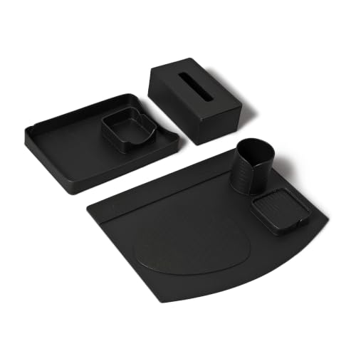 Image of Luxury Leather Desk Top Organiser Set of 7 | Multipurpose Executive Table Organizer for Office | Desk Mat | Pen Holder | Tissue Holder | Mouse Pad | Coaster Set | Memo Pad | Paper Tray - Croco Black