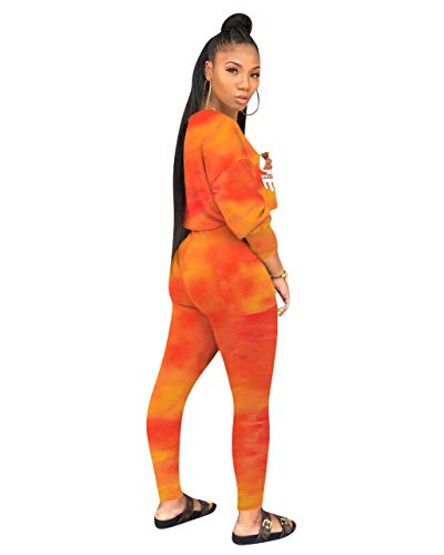 Womens Tie Dye Letter Print Long Sleeve 2 Piece Outfits Crop Top and Pants Set Sweatsuits Orange S