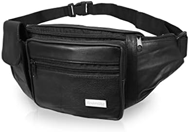 Roamlite Extra Large Bumbag - Leather XL Bum Bag - 34 to 52 Inch Waist - 6 Pockets - Phone Pocket - Holidays, Travel, Festivals - 24 cm Black - RL276K