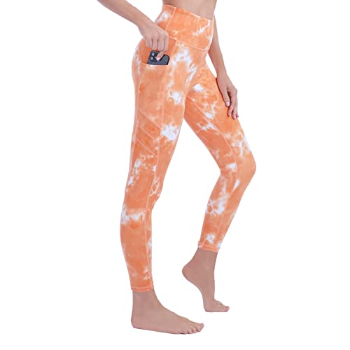 Vnnink Leggings For Women,High Waisted Yoga Pants With Pocktes,Orange Tie Dye Tummy Control Workout Leggings,Running,Gym,Womens Soft Hiking,Athletic,Fittin Spandex Leggings-01M #TOP2