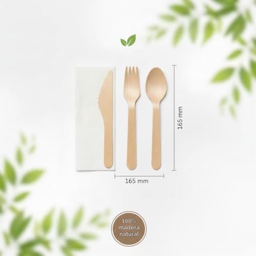 Miniatura 3 de Jofisa Set De Cubiertos Desechables De Madera Con Servilleta Tenedor, Cuchillo Y Cuchara Envueltos Individualmente, 100 Biodegradables, Compostables Y Sin Plástico Para Eventos Y Catering 50u.