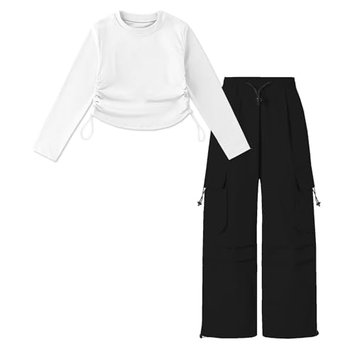 Image of Betusline Girl's 2 Piece Outfits, Cute Girls Fall Clothing Sets Cargo Pants + T-Shirt Top, 4T-14 Years