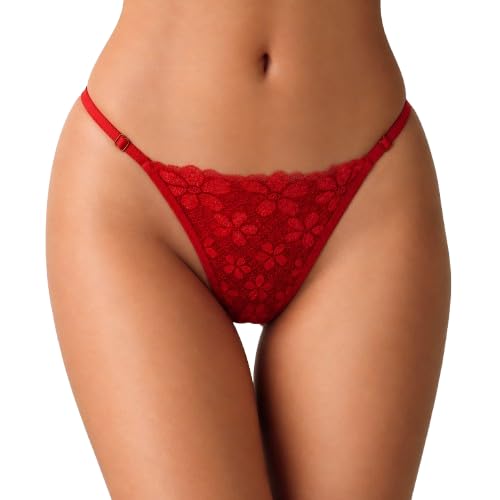 selara Women's Red Lace Trim Thong with Adjustable Straps, Stylish Lingerie Underwear-picture-27