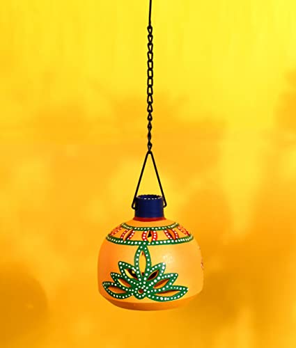 Image of AAKRITI ART CREATIONS Terracotta Handpainted Yellow Matki Hanging Tea Light | Floral Art Handmade Decor | Matte Finish Terracotta Decorative Hanging Items for Home | Handpainted Decor