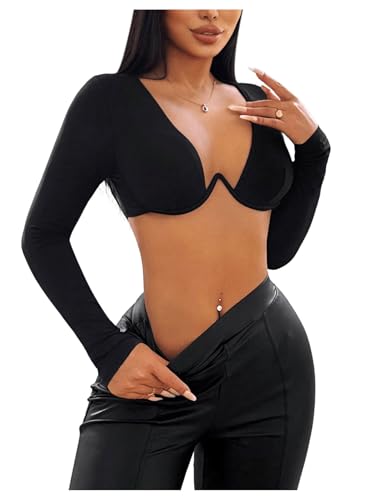 SweatyRocks Women's Deep V Neck Long Sleeve Underwire Crop Tops Super Crop Tee Shirt