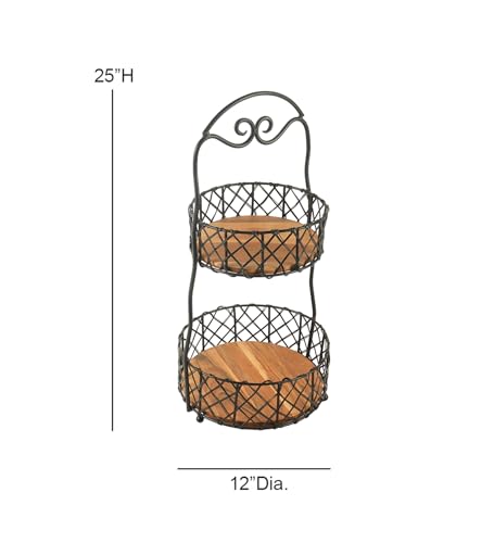 Image of Orbit Basket - Handcrafted Acacia Wood & Metal Storage Basket - Sturdy 2-Tier Organizer for Fruits, Vegetables & Kitchen Essentials
