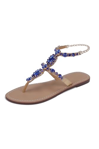 Image of ZhuLinFeng Women'S Rhinestone Gladiator Sandals Flat Wedding Sandals Gem Pearl Sparkling Bridal Bridesmaid Sandals Blue Bohemian Sandals