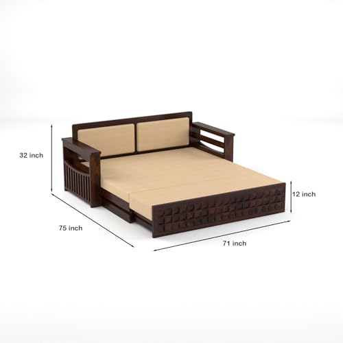 Image of Sheesham Wooden 3 Seater Sofa Cum Bed with Storage - Modern Daybed with Upholstered Backrest | Living Room Convertible Sofa Bed - Wooden Sofa Cum Bed with Mattress (Design 8)