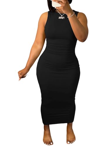 Image of Ulovmi Women's Maxi Bodycon Summer Dress Long Formal Ruched Sundress Elegant Casual Tank Sleeveless Dress Party Cocktail
