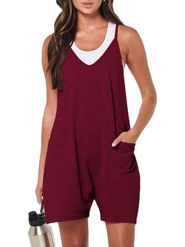 LILBETTER Women's Summer Casual Rompers Sleeveless Loose Spaghetti Strap Short Jumpsuits Overalls Trendy Outfits With Pockets(Wine Red XX-Large)