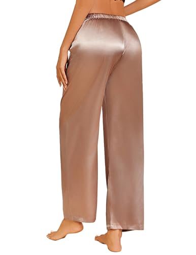 Image of Ekouaer Womens Silk Satin Pajama Pants Casual Loose Lounge Pants Drawstring Elastic Waist Wide Leg Pj Bottoms with Pockets, Brown, Medium