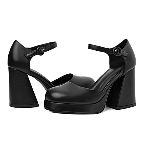 Joseywade Platform Mary Janes Women Chunky Block Heel Pumps Closed Round Toe 4 Inch Ankle Strap High Heel Shoes4