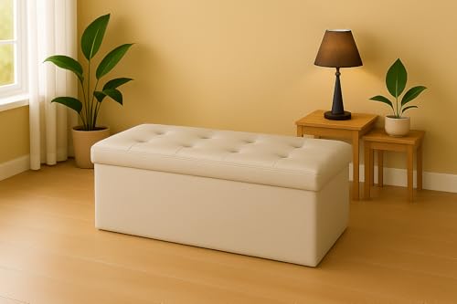GX GARGIX Pouf, Panca Imbottita con Vano Contenitore Baule Trapuntato in Ecopelle VARI COLORI ELEGANTE (Les-6 Beige)