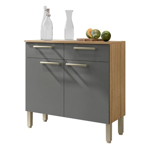 KITS PARANA Buffet Bas Meuble Cuisine 2 Portes 2 Tiroirs Chêne et Gris 2 Niches 91 cm