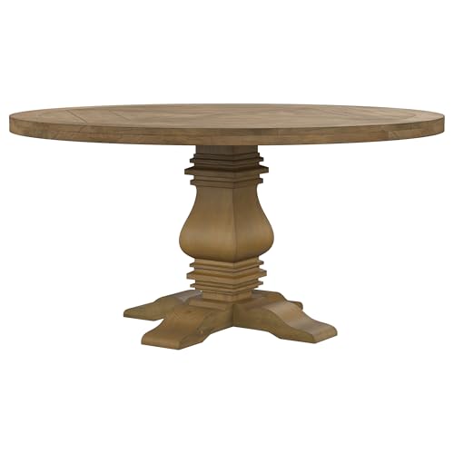 Image of Coaster Home Furnishings - Florence - Pine Wood - Farmhouse Pedestal Round Dining Table with Curved Legs - Dining Room & Kitchen - 60 Inch - Rustic Honey - 180200