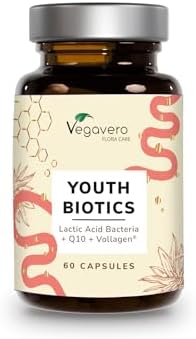 Youth Biotics | Probiotici + Anti Age | Microbiota Intestinale Equilibrato &amp; Salute della Pelle | Con Vitamina C, Vitamina E, Coenzima Q-10 e Aminoacidi | Vegan | No OGM | No Additivi | Vegavero Generico - integratore