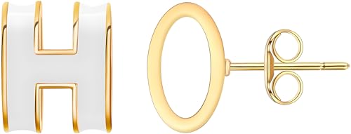 H Necklace H earrings Gold Stud Earrings for Women Hypoallergenic Stainless Steel with H Enamel Color Elegant & Trendy Jewelry for Sensitive Ears Classic Round Enamel Earrings for Daily Wear (Earrings White)