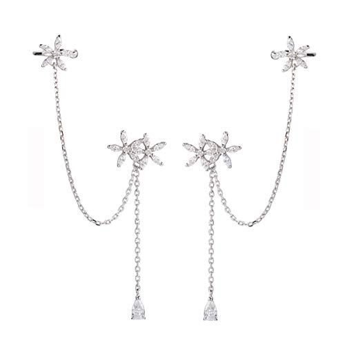 SLUYNZ 925 Sterling Silber Gänseblümchen Blumen Manschette Ohrringe Kette für Frauen Mädchen Tropfen Ohrringe Asymmetrisch CZ Gänseblümchen Ohrringe Bergsteiger Ohrringe Baumelnde Kette Cover