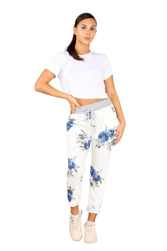 Image of WearAll Women's Denim Jogger Sweatpants with Drawstring Casual Summer Gym Trousers Ribbed Waistband Multi Floral and Tartan Prints Italian Cotton Exercise and Jogging Bottoms Blue Floral White 16-18