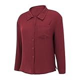 ZTFYKLIN Leinenbluse Damen Sommer Langarm Modisches, Lässiges, Faltiges Tuch, Einfarbig, Schlitzknopf, Langärmeliges Oberteil (Wine, XL) Sommerbluse Elegant Boho Bluse Longbluse Kurzarm Leinen