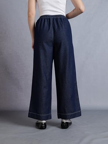 Image of INKD Women's Wide Leg Jeans- 100% Cotton | Mid-Rise | Elasticated Waistband | Pintuck Details | Comfort Fit | Palazzo Pants for Women | Lightweight Denim for Summers (Available in Plus Sizes)