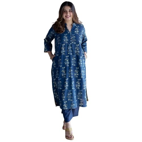 Image of Women's Indigo Blue Cotton Ethnic Co-Ord Set | Kurta Pant Set | Kurta Palazzo Set | Stylish Printed Suit Set for Women