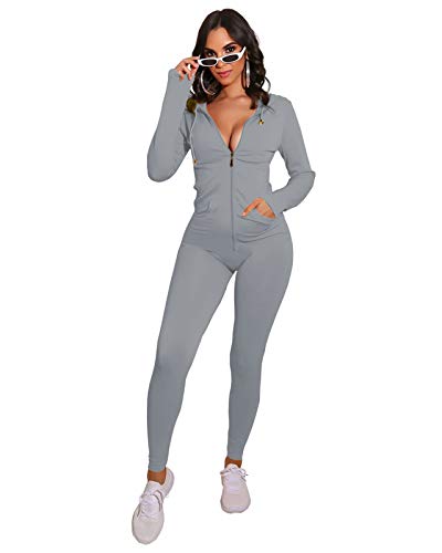 Remelon Womens 2 Piece Outfits Long Sleeve Hoodies and Pants Set Bodycon Sports Sweatsuits Tracksuits Grey M